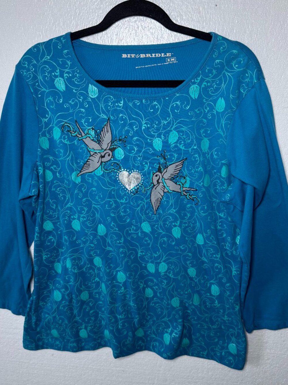 Bit & Bridle Womens Size 1X Turquoise 3/4 Sleeve Top Bird Leaves Graphic Western